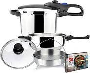 Magefesa® Favorit Six Super-Fast pressure cooker, 3.2 + 6.3 Quart, stainless steel, suitable induction, heat diffuser bottom, 5 safety systems SPECIAL EDITION (Steam basquet + Lid + Recipe book)