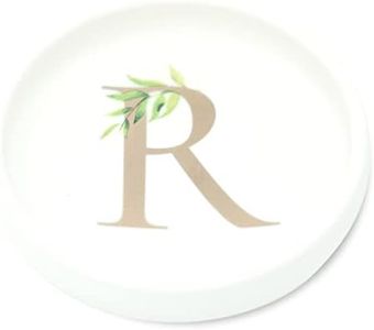 Cedar and Ink Ring Dish with Personalized R in Gold Foil & Greenery, Monogrammed Jewelry Dish, Accessories & Wedding Ring Holder, Dressing Table Tray (R)