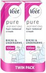 Veet Hair Removal Cream, Bikini & Underarms, Sensitive Skin,100ml (Pack of 2, 200ml), 1 Domed Applicator Each (2 Applicators)