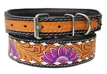CHALLENGER Large 21''- 25'' Hand Tooled Floral Padded Leather Beaded Dog Collar Floral Hand Tooled 60HR07PR