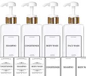 EZPRO USA Empty Plastic Square Bottles Pump Shampoo Conditioner Body Wash Face, in Shower Bathroom Dispenser, Waterproof Permanent Labels, 27oz 800ml Set of 4 (White Plastic, Gold White Pump)