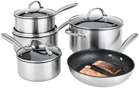 Prestige Scratch Guard Stainless Steel Pots and Pans Sets Non Stick - 5 Piece Induction Suitable, Toughened Scratch Resistant Pan Set, Dishwasher Safe, Durable Brushed Steel Cookware