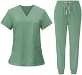 Scrubs Set with 10 Pockets Comfort Stretch Nursing Uniform Soft Casual Outfits Scrubs Short Sleeve Top and Pants Scrubs Women Notched V Neck Scrub Set 4 Way Stretch（1-Mint Green,Large）