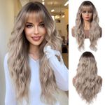 OUFEI Long Ombre Ash Blonde Wig With Bangs Natural Wavy Wigs for Women Natural Synthetic Hair Heat Resistant Wigs for Daily Party Cosplay Wear