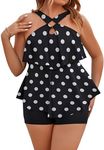 Blooming Jelly Womens Plus Size Tankini Swimsuits Two Piece Bathing Suit High Waisted Bikini Bottoms(X-Large,Polka Dot and Black)