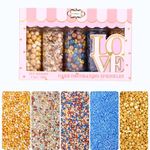 Confect Celebration Sprinkles for Cakes & Cupcakes Decoration | Birthday Sprinkles | Assorted pack of 5 Mix Bronze, White, Gold & Yellow Pearl Dragees Dark Blue Jimmies Sparkling Gold Sugar - 3.5 Oz