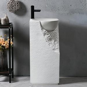 COGITIL Bathroom Pedestal Sink, 34" Japandi Tall Stone Resin Pedestal Sink with Rounded Basin Freestanding in White for Bathroom/Garden