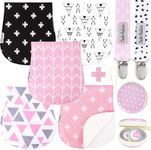 Dodo Babies 5-Pack Baby Burp Cloths - Soft, Absorbent Cotton Burp Cloths - Includes Pacifier Case and 2 Pacifier Clips - Colors: Pink, Grey and Black