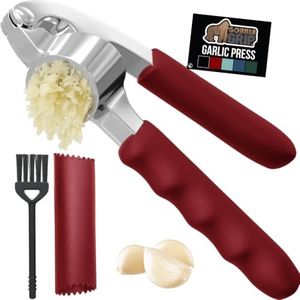 GORILLA GRIP Garlic Press and Peel Set, Heavy Duty Mincer Tool, Large Ergonomic Handle, Easily Mince and Crush Garlics, Ginger, Nuts, Seeds, Peeler Included, Peeling Cloves, Kitchen Gadgets, Red