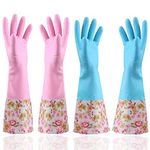 KINGFINGER Rubber Latex Waterproof Dishwashing Gloves,2 Pair Medium Long Cuff Flock Lining Household Cleaning Gloves