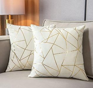 YONGLIU Pack of 2 Velvet Cushion Cases Decorative Gold Foil Geometric Pattern Throw Pillow Covers for Modern Homes Sofa Bedroom Couch Car Living Room(White and Gold, 18“X18”)