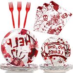 96 Pieces Bloody Good Time Party Tableware Set Halloween Zombie Skull Bloody Party Table Decorations Halloween Party Supplies Table Decorations Paper Plates Napkins Forks for 24 Guests