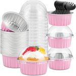 KAHEIGN 50Pcs Mini Cake Tins with Lids and Spoons, 150ml Round Aluminum Foil Baking Pans Small Loaf Cups Tart Pie Cupcake Containers for Bread Dessert Wedding Birthday Picnic Party (Pink Silver)