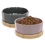 Navaris Ceramic Dog Bowl - Set of 2 800ml Water or Food Bowls for Pet Dogs and Cats with Non Slip Oak Wood Underlay - Ceramic Bowls - Grey, Purple