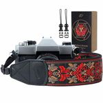 Padwa Lifestyle Camera Strap - 2" Wide Red Vintage Jacquard Embroidery Flower Camera Straps with Genuine Leather Head, Adjustable Neck Shoulder Strap for All Cameras and Men & Women Photographers