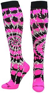 MadSportsStuff Crazy Tie Dye Socks Over the Calf (Neon Pink/Black/White, Small)