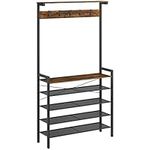 HOOBRO Coat Rack, Hall Tree, 5-tier Freestanding Shoe Rack for entryway, Shoe Storage with 5 Hooks, for 12-16 Pairs, Coat Tree with Top Shelf, Industrial, Hallway, Rustic Brown and Black BF74MT01