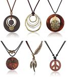 SAILIMUE 6Pcs Long Pendant Necklaces for Women Boho Vintage Wood Fall Sweater Necklaces Set Statement Feather Dragonfly Peace Sign Y Necklace Hippie Handmade Fashion Jewelry Accessories