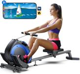 WELLFIT Rowing Machine, Magnetic Rower Machine for Home, Compact Upright Storage Rower for Small Space, 8 Levels Adjustable Resistance, 300lbs Weight Capacity, Works with Kinomap, Black-Blue