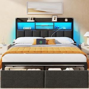 Furnulem Queen Bed Frame with Storage Drawers, Upholstered Headboard with Storage Shelf, LED Lights and Charging Station, Metal Platform Bed Frame Queen Size, Noise Free, No Box Spring Needed, Black