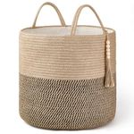 Mkono Woven Storage Basket Decorative Rope Basket Wooden Bead Decoration for Blankets,Toys,Clothes,Shoes,Plant Organizer Bin with Handles Living Room Home Decor, Yellow and Black, 16" W × 13.8"