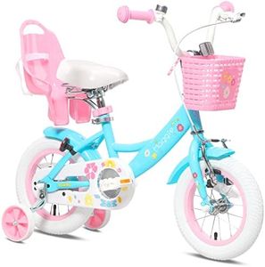 Glerc Maggie 12 Inch Girls Bike Ages 1 2 3 4 Years, Kids and Toddlers Princess Bicycle Barbie Bikes with Doll-Seat & Basket & Training Wheels for Gift, Blue