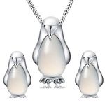 findout Sterling Silver Penguin Opal Pendant Necklace + Earrings Set, with 18 in Curb Chain(1733)