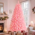 SHareconn 7ft Pre Lit Christmas Tree with 320 Warm White LED Lights, 8 Adjustable Lighting Modes, 1076 Branch Tips, Foldable Metal Stand, Artificial Christmas Trees for Home Party Decoration, Pink
