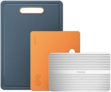 Linoroso Chopping Board Coloured Plastic Cutting Boards Set of 3 for Kitchens with Defrosting Tray Juice Grooves Easy Grip Handle Slip Resistant Dishwasher Safe (BPA Free) - Lava Orange