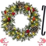 Christmas Wreath Garland Outdoor, Pre-lit Artificial Xmas Garland for Front Door Decor Cars 50 LEDs Lights Battery Operated- Snowflake Pinecone Red Berry Fir Garland(18 in)