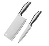 Mockery 2 Piece Kitchen Knife Set Including Vegetable Knife or Paring Knife & Butcher Knife, Sharp Stainless Steel Meat Knife, Non-Stick, Soft Touch Handles, Silver (Utility & Butcher Knife-C)