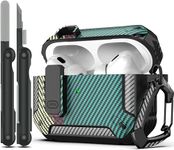 FACTOTECH AirPods Pro 2nd Generation Case Cover with Cleaner Kit, Military Hard Shell Protective Armor with Lock for AirPod Gen 2 Charging Case 2022,2023,2024 Front LED Visible- Carbon Fiber Green