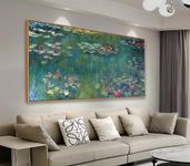 Framed Canvas Wall Art Water Lilies by Claude Monet Panoramic Scenery Painting - Long Green Garden Canvas Artwork Reproductions Contemporary Nature Pictures for Home Office Wall Decor 50X100CM