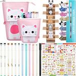 Zonon 417 Pcs Cute Cat Stationery Set Cat Telescopic Pencil Pouch Case Gel Ink Pen Sticky Memos Notes Cat Album Sticker for School Office(Pink Cat Style)