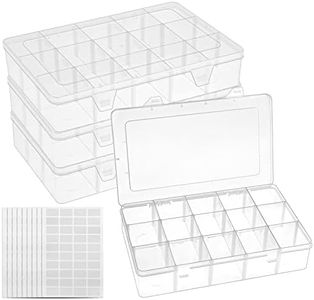 BAKHUK 4 Pack x 15 Grids Storage Container Plastic Washi Tape Organizer, 15 Compartments Clear Craft Box with Adjustable Divider Removable for Sewing, Tackle, Thread, Art DIY, Beads,10.8x6.5x2.2in