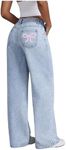 MakeMeChic Women's High Waist Denim Pants Bow Wide Leg Baggy Y2K Jeans Trousers with Pocket Light Wash 27