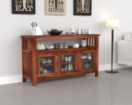 Angel Furniture Contemporary Sheesham Wood Crockery Cabinet with Three Glass Doors and Versatile Storage - Honey Finish - Dining Room Sideboard