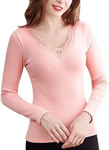 Flygo Womens Thermal Fleece Lined Cotton Underwear Lace Long Sleeve V-Neck Top (X-Small, Pink)