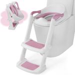 DEANIC Potty Training Toilet Seat with Step Stool Ladder Updeated PU Cushion, Toddler Toilet Seat Attachment for Boys Girls, Foldable Potty Seat for Kids, Anti-Slip Pads (Pink)