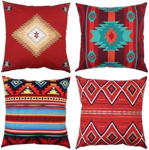 Alricc Set of 4 Throw Pillow Covers South Southwest Western Tribal Red Native American Home Cultural Geometric Hue Country Decorative Pillow Cases Home Decor Square 18x18 Inches Pillowcases