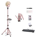 Klvied Metal Wig Stand Tripod with Foot Panel,Adjustable Mannequin Head Stand Tool Tray, Wig Head Stand for Styling,Tripod for Mannequin Head,Rose Golden