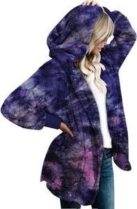 CHICGAL Womens Winter Fuzzy Hooded Cardigans Long Sleeve Jacket Open Front Sherpa Coat with Pocket (Blue Purple Tie Dye, L)