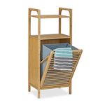 Relaxdays Bamboo Bathroom Shelf with Laundry Basket, Total Size: 95 x 40 x 30 cm Bath Storage Solution with 2 Shelves For Accessories And Fold-Out Laundry Sack Bin Hamper approx 25 L, Natural Brown