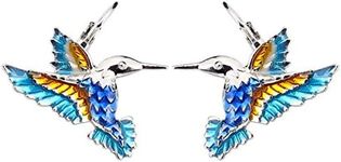 DOWAY Enamel Mini Flying Hummingbird Stud Earrings for Women Girls Huggie Hoop Bird Stud Clip with Dangle Charms (Blue)