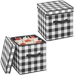 mDesign Square Gift-Wrap and Ornament Storage Box with Handles, Holder Container for Christmas or Holiday Decorations - Removable Lid, Closet or Cubby Storage Totes, Buffalo Plaid, 2 Pack, Black/White