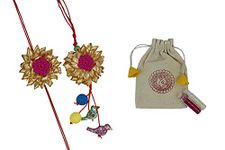 prapti handicrafts Handmade Multicolour Crochet gota Flower Couple rakhis for bhaiyabhabhiwith Reusable Brooch pin and Hanging