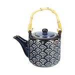 Mikasa Satori Japanese Teapot with Wave Pattern, Bamboo Handle, Gold Detail, Porcelain, 500 ml