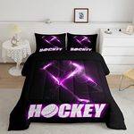 Ice Hockey Queen Comforter Set Gifts for Girls,Pucks Sports Ball Games Bedding,Extreme Sport Down Comforter,Abstract Hockey Player Quilt Glowing Glitter Lighting Room Decor Lavender Purple Black