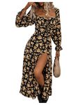 GORGLITTER Women's Floral Long Sleeve Boho Square Neck Maxi Dress Tie Front Split Swing A Line Long Milkmaid Dress Black and Yellow XL