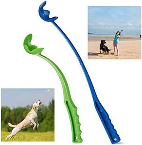Relaxdays Lanceur de Balle pour Chiens, Lot de 2 frondes, Manche pour balles de Tennis, Jouet pour Chiens, Bleu/Vert